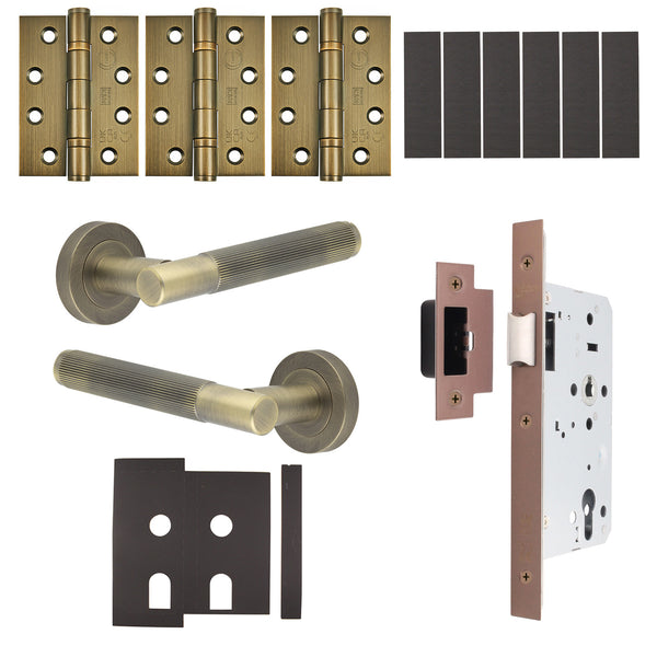 Aurora Antique Brass Lever on Rose Door Handle Kit - Heavy Duty FD30/60 - DIN Latch - tradefit - Featured Image