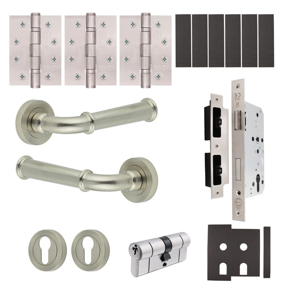 Claro Satin Nickel Lever on Rose Door Handle Kit - Heavy Duty FD30/60 - DIN Euro Sashlock and Double Cylinder - Keyed to Differ - tradefit - Featured Image