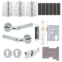 Santana Polished Chrome Lever on Rose Door Handle Kit - Medium Duty FD30/60 - 80mm Euro Sashlock and Thumbturn Cylinder - Keyed Alike - tradefit