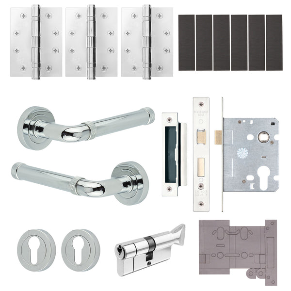 Santana Polished Chrome Lever on Rose Door Handle Kit - Medium Duty FD30/60 - 80mm Euro Sashlock and Thumbturn Cylinder - Keyed Alike - tradefit - Featured Image