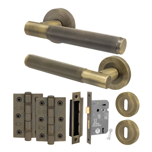 Dumont Antique Brass Lever on Rose Door Handle Kit - Sashlock - tradefit - Featured Image