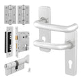 Return to Door Backplate Satin Aluminium Door Handle Kit - Medium Duty - 80mm Euro Lock and Thumbturn Cylinder - Keyed to Differ
