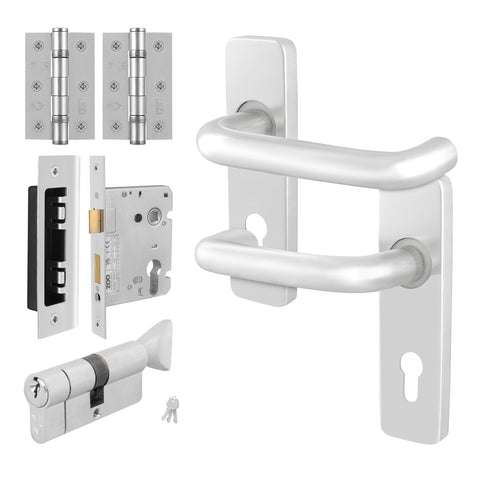 Return to Door Lever on Backplate Satin Aluminium Door Handle Kit - Medium Duty - 80mm Euro Sashlock and Thumbturn Cylinder - Master Keyed - tradefit