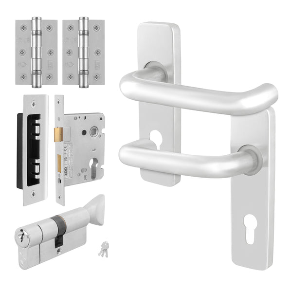 Return to Door Lever on Backplate Satin Aluminium Door Handle Kit - Medium Duty - 80mm Euro Sashlock and Thumbturn Cylinder - Keyed Alike - tradefit - Featured Image