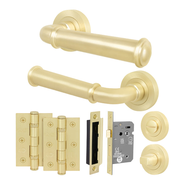 Claro Satin Brass Lever on Rose Door Handle Kit - 64mm Bathroom Lock - tradefit - Featured Image