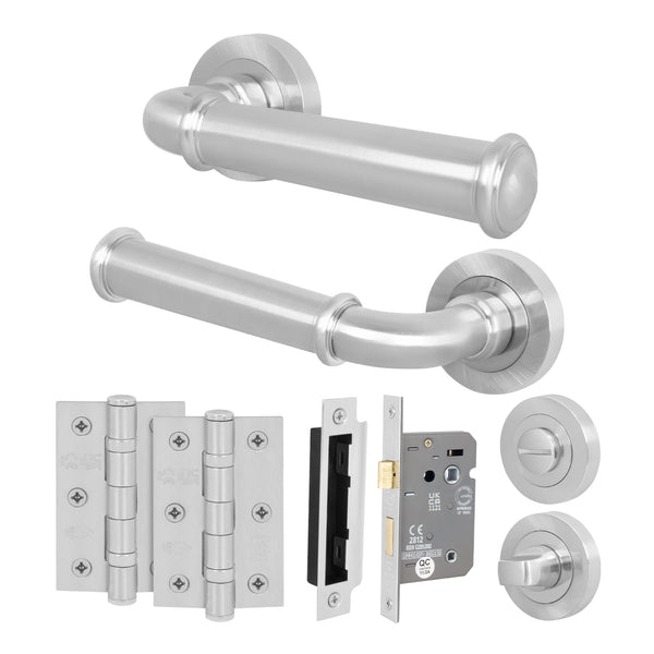 Claro Satin Nickel Lever on Rose Door Handle Kit - 64mm Bathroom Lock - tradefit - Featured Image