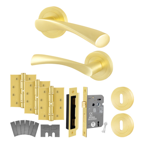 Nola Satin Brass Lever on Rose Door Handle Kit - Standard Duty FD30/60 - 80mm Sashlock - tradefit - Featured Image