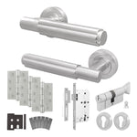Flores Satin Nickel Lever on Rose Door Handle Kit - Heavy Duty FD30/60 - DIN Euro Sashlock and Thumbturn Cylinder - Master Keyed - tradefit - 1