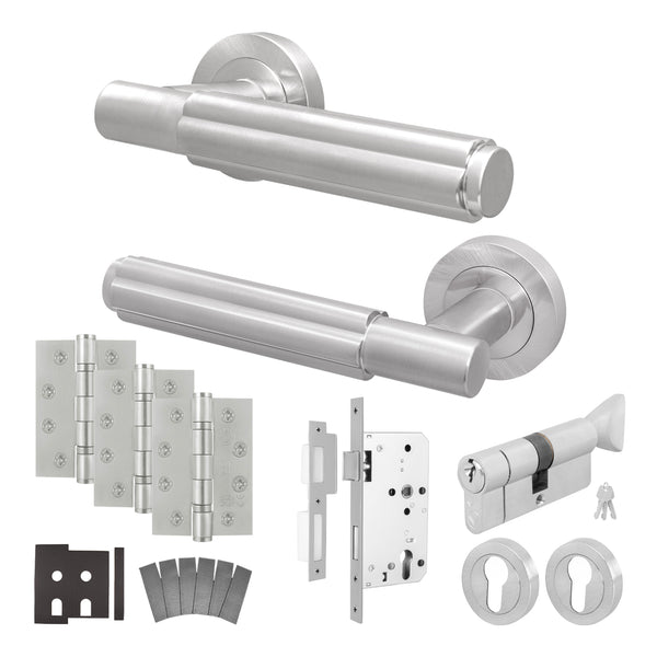 Flores Satin Nickel Lever on Rose Door Handle Kit - Heavy Duty FD30/60 - DIN Euro Sashlock and Thumbturn Cylinder - Master Keyed - tradefit - Featured Image