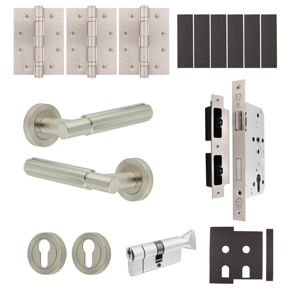 Flores Satin Nickel Lever on Rose Door Handle Kit - Heavy Duty FD30/60 - DIN Euro Sashlock and Thumbturn Cylinder - Keyed Alike - tradefit - Featured Image