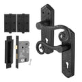 Black Iron Lever Door Handles on Backplate Curly Tail Pattern Lock Kit / Pack - 64mm Lock & 76mm Hinge - Black
