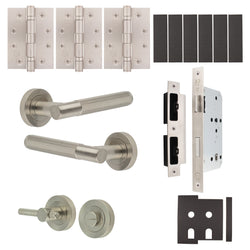 Dumont Satin Nickel Lever on Rose Door Handle Kit - Heavy Duty FD30/60 - DIN Bathroom Lock - tradefit