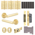 Moreno Satin Brass Lever on Rose Door Handle Kit - Medium Duty FD30/60 - 80mm Euro Sashlock and Thumbturn Cylinder - Keyed Alike - tradefit - 1