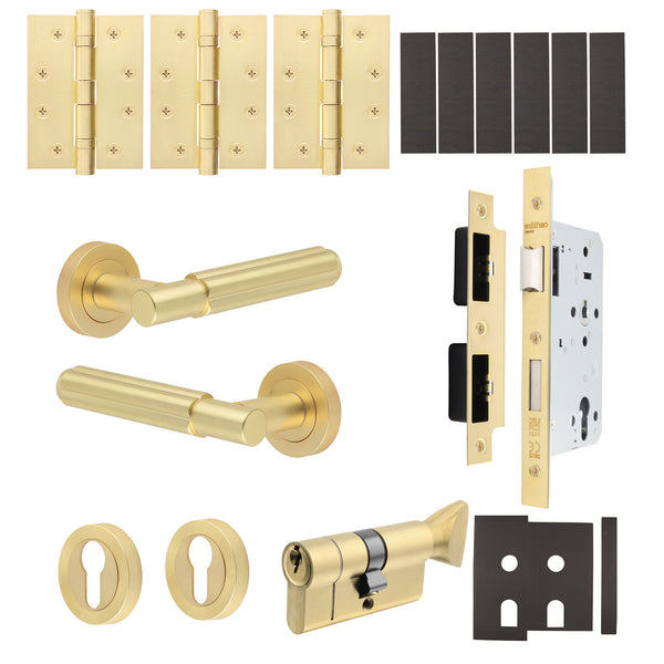 Flores Satin Brass Lever on Rose Door Handle Kit - Heavy Duty FD30/60 - DIN Euro Sashlock and Thumbturn Cylinder - Keyed Alike - tradefit - Featured Image