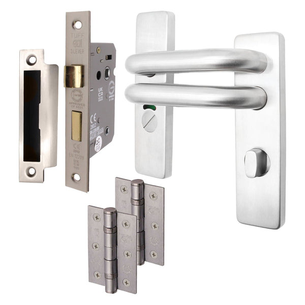 Round Bar 19mm Safety Return To Door Lever Bathroom Pack - 175 x 44mm - 66mm Lock x 75mm Hinges - Satin Stainless - tradefit - Featured Image
