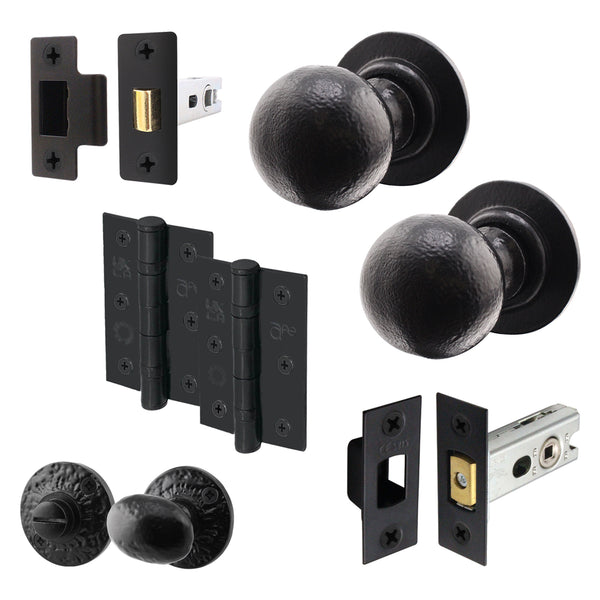 Tudor Black Iron Mortice/Rim Door Knob Kit - 76mm Bathroom Deadbolt & Latch - 76mm Hinges - tradefit - Featured Image
