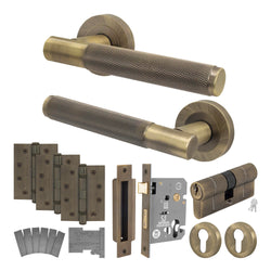 Dumont Antique Brass Lever on Rose Door Handle Kit - Medium Duty FD30/60 - 80mm Euro Sashlock and Double Cylinder - Keyed to Differ - tradefit