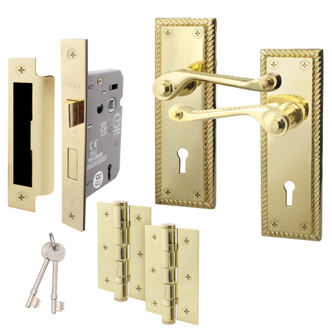 Georgian Rope Edge Scroll Polished Brass Door Handle Pack - 80mm Sashlock - tradefit