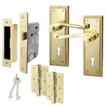 Georgian Rope Edge Scroll Polished Brass Door Handle Pack - 80mm Sashlock - tradefit - 1
