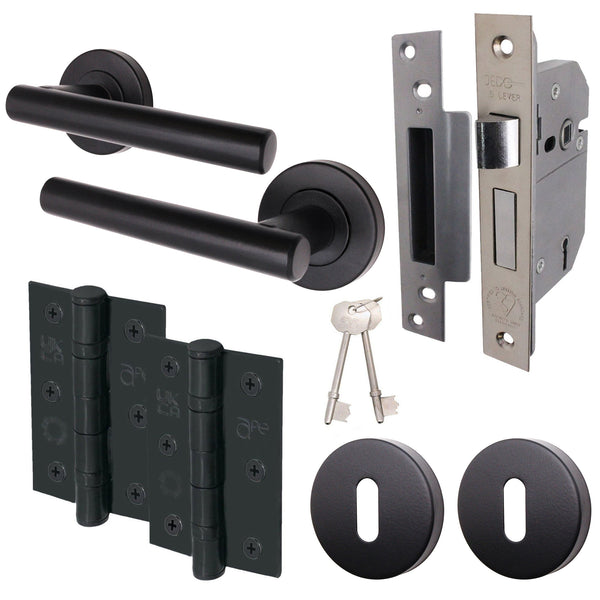 Olbia Matt Black Lever on Rose Door Handle Pack – BS3621 5 Lever Sashlock - tradefit - Featured Image
