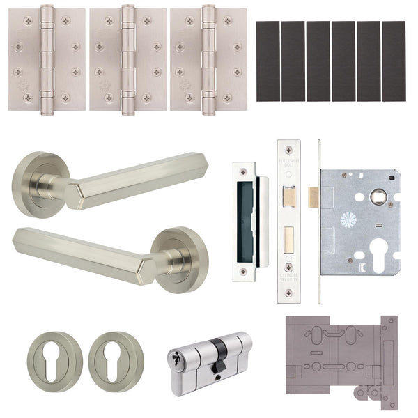 Moreno Satin Nickel Lever on Rose Door Handle Kit - Medium Duty FD30/60 - 80mm Euro Sashlock and Double Cylinder - Keyed Alike - tradefit - Featured Image