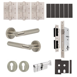 Dumont Satin Nickel Lever on Rose Door Handle Kit - Heavy Duty FD30/60 - DIN Euro Sashlock and Thumbturn Cylinder - Keyed Alike - tradefit