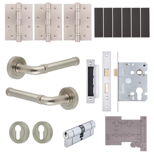 Santana Satin Nickel Lever on Rose Door Handle Kit - Medium Duty FD30/60 - 80mm Euro Sashlock and Double Cylinder - Keyed Alike - tradefit - Featured Image