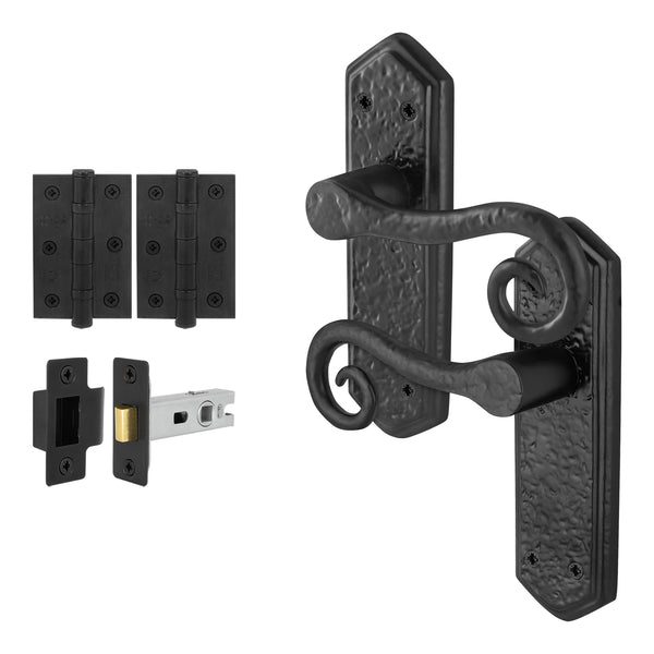 Curly Black Antique Lever on Backplate Latch Kit / Pack - 76mm Latch - 76mm Hinges - Black - tradefit - Featured Image