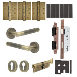 Aurora Antique Brass Lever on Rose Door Handle Kit - Heavy Duty FD30/60 - DIN Euro Sashlock and Thumbturn Cylinder - Master Keyed - tradefit