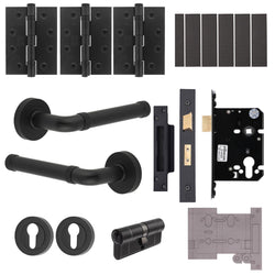 Santana Matt Black Lever on Rose Door Handle Kit - Medium Duty FD30/60 - 80mm Euro Sashlock and Double Cylinder - Keyed Alike - tradefit