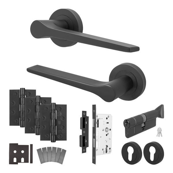 Tapera Matt Black Lever on Rose Door Handle Kit - Heavy Duty FD30/60 - DIN Euro Sashlock and Thumbturn Cylinder - Keyed Alike - tradefit - Featured Image