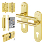 Olbia Brass Plated Lever on Backplate Door Handle Kit - 80mm Euro Sashlock and Double Cylinder - Keyed Alike - tradefit - 1