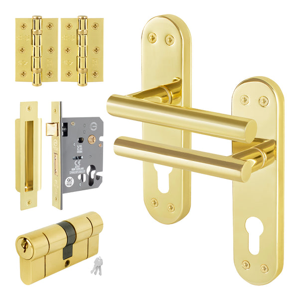 Olbia Brass Plated Lever on Backplate Door Handle Kit - 80mm Euro Sashlock and Double Cylinder - Keyed Alike - tradefit - Featured Image