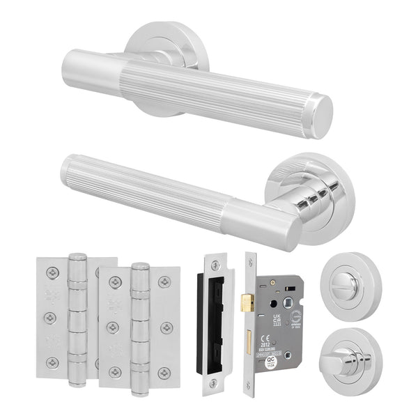 Aurora Polished Chrome Lever on Rose Door Handle Kit - 64mm Bathroom Lock - Featured Image