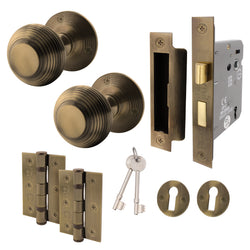 Beehive Antique Brass Mortice Door Knob Kit - 80mm Sashlock - tradefit