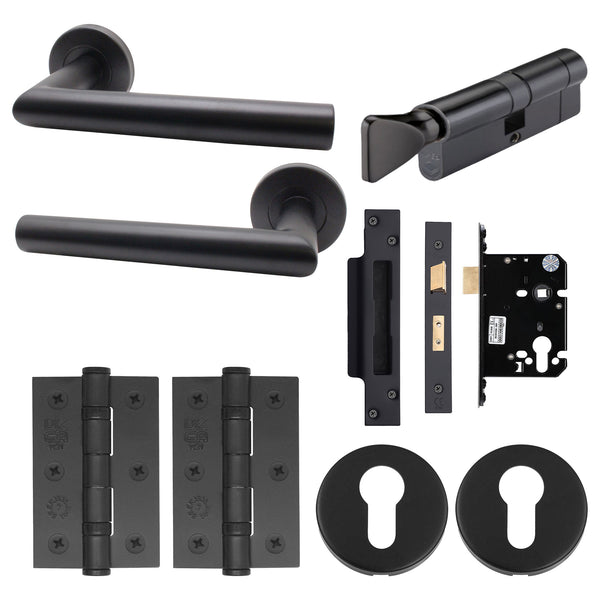 Black Mitred Door Handle on Rose Pack - Euro Sashlock and Thumbturn Cylinder - tradefit - Featured Image