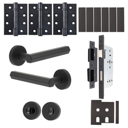 Moreno Matt Black Lever on Rose Door Handle Kit - Heavy Duty FD30/60 - DIN Bathroom Lock - tradefit