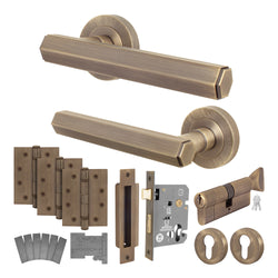 Moreno Antique Brass Lever on Rose Door Handle Kit - Medium Duty FD30/60 - 80mm Euro Sashlock and Thumbturn Cylinder - Keyed to Differ - tradefit