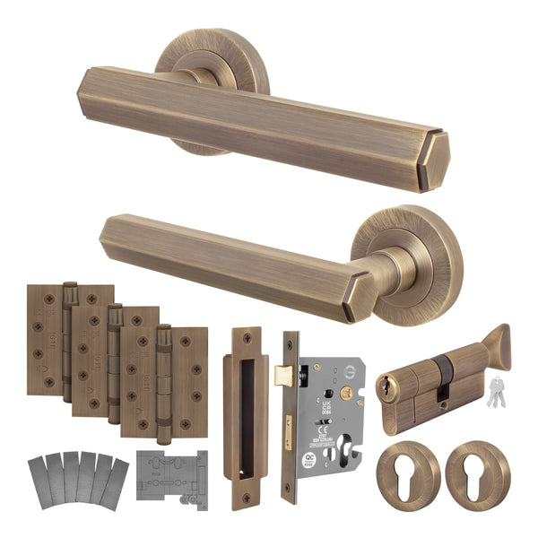 Moreno Antique Brass Lever on Rose Door Handle Kit - Medium Duty FD30/60 - 80mm Euro Sashlock and Thumbturn Cylinder - Keyed to Differ - tradefit - Featured Image