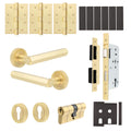 Moreno Satin Brass Lever on Rose Door Handle Kit - Heavy Duty FD30/60 - DIN Euro Sashlock and Double Cylinder - Keyed to Differ