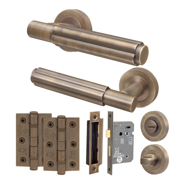 Flores Antique Brass Lever on Rose Door Handle Kit - 64mm Bathroom Lock - tradefit - Featured Image