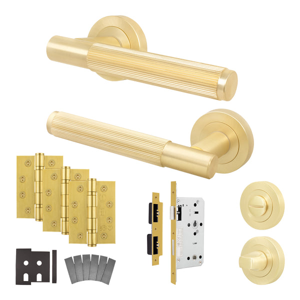 Aurora Satin Brass Lever on Rose Door Handle Kit - Heavy Duty FD30/60 - DIN Bathroom Lock - tradefit - Featured Image