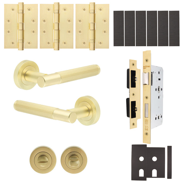 Aurora Satin Brass Lever on Rose Door Handle Kit - Heavy Duty FD30/60 - DIN Bathroom Lock - tradefit - Featured Image