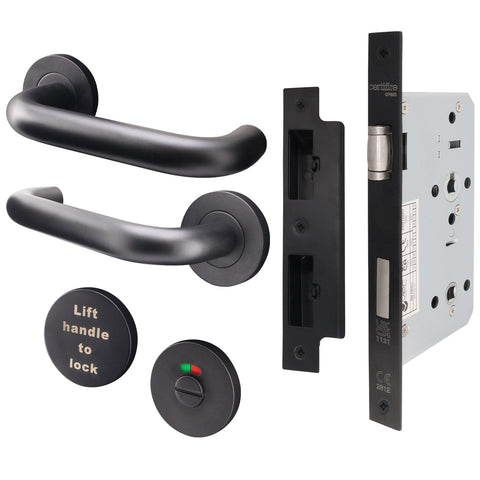 Lift To Lock Kit Disabled Bathroom Toilet Door Lever Handle & Lock - 19mm - Matt Black - BS8300 Equality Act - tradefit