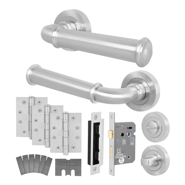 Claro Satin Nickel Lever on Rose Door Handle Kit - Medium Duty FD30/60 - 80mm Bathroom Lock - tradefit - Featured Image