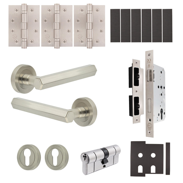 Moreno Satin Nickel Lever on Rose Door Handle Kit - Heavy Duty FD30/60 - DIN Euro Sashlock and Double Cylinder - Keyed to Differ - tradefit - Featured Image