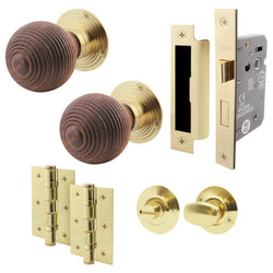 Beehive Rosewood/Brass Mortice/Rim Door Knob Kit - 80mm Bathroom Lock - tradefit