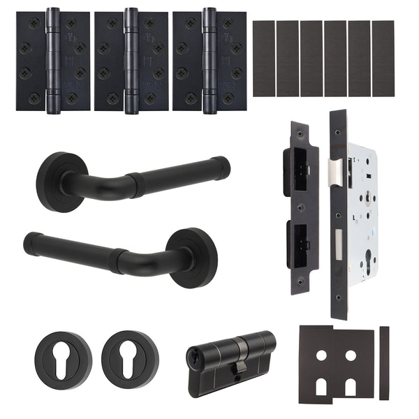 Santana Matt Black Lever on Rose Door Handle Kit - Heavy Duty FD30/60 - DIN Euro Sashlock and Double Cylinder - Keyed Alike - tradefit - Featured Image
