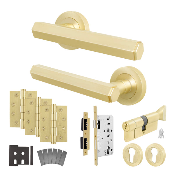 Moreno Satin Brass Lever on Rose Door Handle Kit - Heavy Duty FD30/60 - DIN Euro Sashlock and Thumbturn Cylinder - Keyed Alike - tradefit - Featured Image
