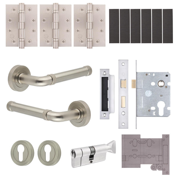 Santana Satin Nickel Lever on Rose Door Handle Kit - Medium Duty FD30/60 - 80mm Euro Sashlock and Thumbturn Cylinder - Master Keyed - tradefit - Featured Image